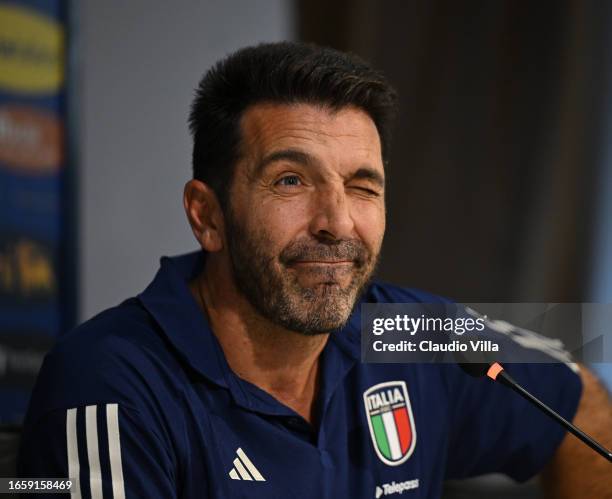 Head of Italy Delegation Gianluigi Buffon speaks with a media during a press conference at Centro Tecnico Federale di Coverciano on September 04,...