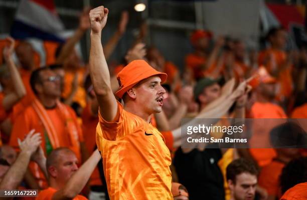 Dublin , Ireland - 10 September 2023; Netherlands supporters celebrate after their side's victory in the UEFA EURO 2024 Championship qualifying group...