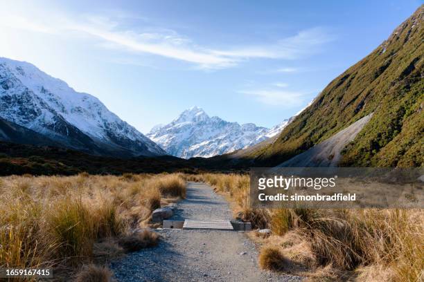 footpath to mt cook, new zealand south island - new zealand southern alps stock pictures, royalty-free photos & images