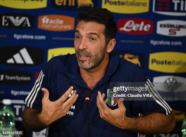 Head of Italy Delegation Gianluigi Buffon speaks with a media during a press conference at Centro Tecnico Federale di Coverciano on September 04,...