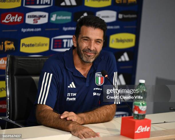 Head of Italy Delegation Gianluigi Buffon speaks with a media during a press conference at Centro Tecnico Federale di Coverciano on September 04,...