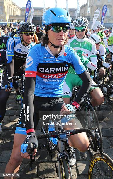 Johan Van Summeren of Belgium and Team Garmin-Sharp gets ready before the start of the 111th edition of Paris-Roubaix at the 'Place du Chateau' on...