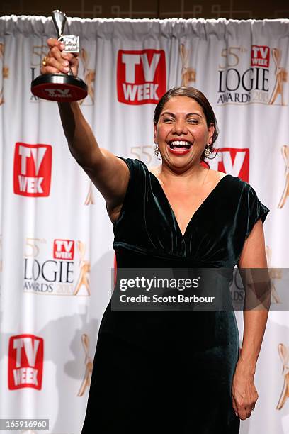 Actress Deborah Mailman celebrates winning the logie for Most Outstanding Actress at the 2013 Logie Awards at the Crown Palladium on April 7, 2013 in...