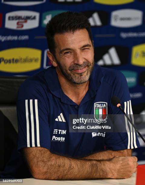 Head of Italy Delegation Gianluigi Buffon speaks with a media during a press conference at Centro Tecnico Federale di Coverciano on September 04,...