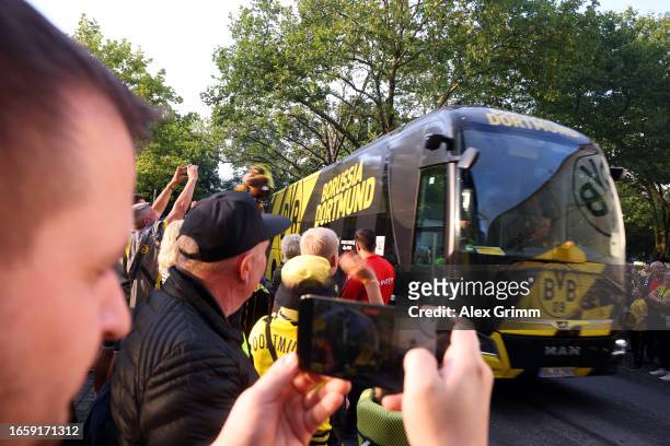 The team bus of Borussia Dortmund arrives for the Bundesliga match between Borussia Dortmund and 1. FC Heidenheim 1846 at Signal Iduna Park on...