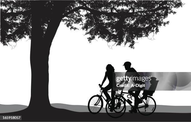 summer cycling vector silhouette - couple exercise outside stock illustrations