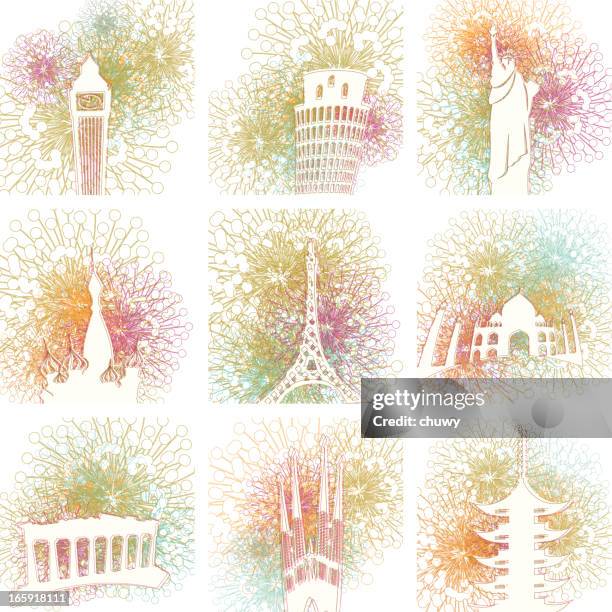 set of world monuments - red square stock illustrations