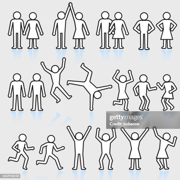 ilustraciones, imágenes clip art, dibujos animados e iconos de stock de personas y fiesta stick figura conjunto de iconos vectoriales sin royalties - mujer con grupo de hombres