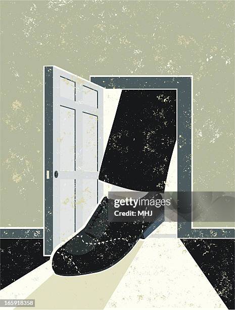 foot in an open door - door frame stock illustrations