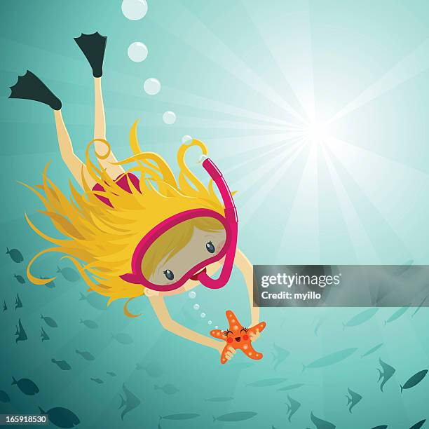 cute girl diving snorkel underwater starfish fishes illustration vector - snorkel stock illustrations