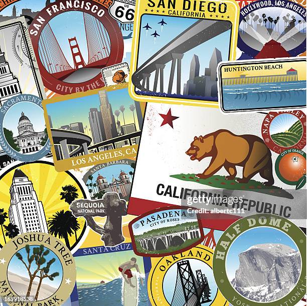 ilustraciones, imágenes clip art, dibujos animados e iconos de stock de retro super collage de california - huntington beach california