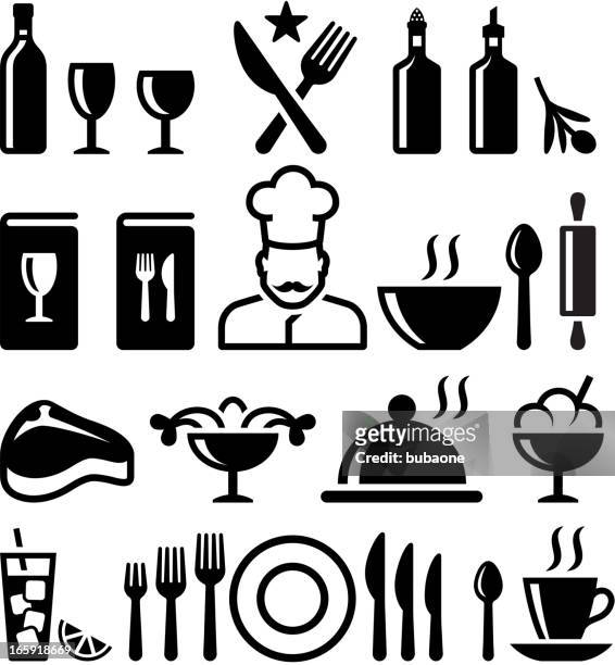 restaurant mit gehobener küche &, schwarz-weiß vektor icon-set - steak stock-grafiken, -clipart, -cartoons und -symbole