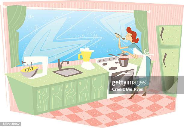 retro woman kitchen - kitchen window stock illustrations