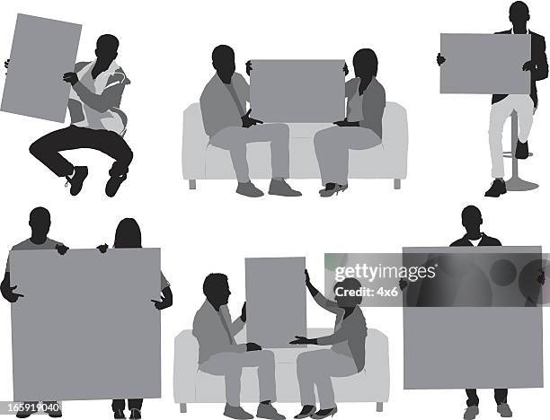 casual people with placards - moving couch stock illustrations