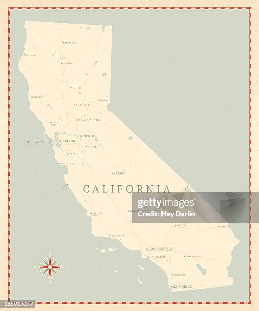 ilustraciones, imágenes clip art, dibujos animados e iconos de stock de vintage estilo de california-mapa - california