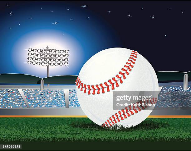 ilustrações, clipart, desenhos animados e ícones de estádio de beisebol com fundo de luzes à noite - iluminado por holofote