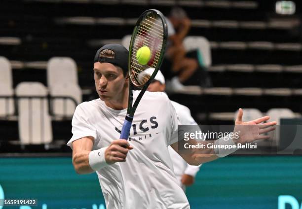 Nicolás Jarry of Chile in action during training session of 2023 Davis Cup Finals Group Stage Bologna at Unipol Arena on September 11, 2023 in...