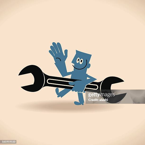 stockillustraties, clipart, cartoons en iconen met happy labor day! man holding spanner - adjustable wrench