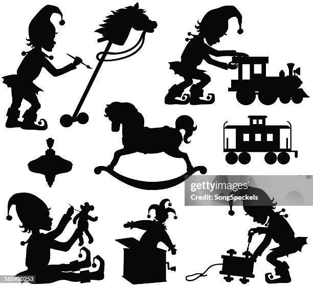 christmas elves and toys - hobby horse stock illustrations