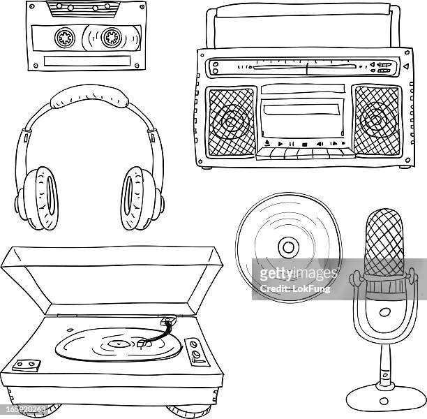 ilustraciones, imágenes clip art, dibujos animados e iconos de stock de colección de audio en blanco y negro - auriculares aparato de información