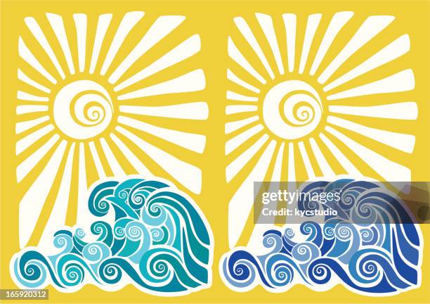 hawaiian sunset and waves stencil - hawaiian culture stock illustrations