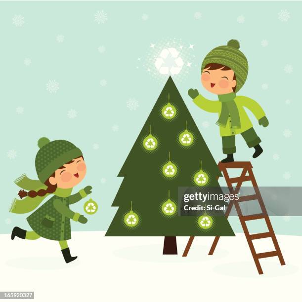 green christmas tree - children recycling stock illustrations