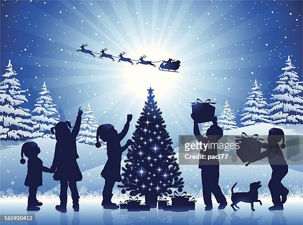 happy children in the christmas night - sleigh stock illustrations