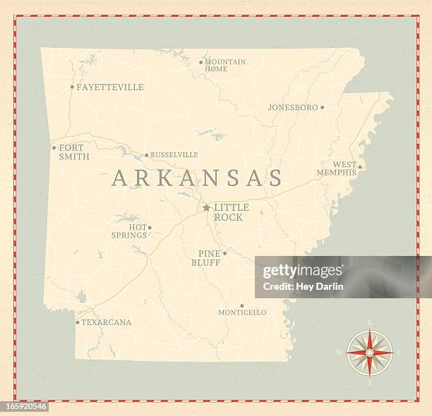 vintage-stil-arkansas karte - fayetteville arkansas stock-grafiken, -clipart, -cartoons und -symbole