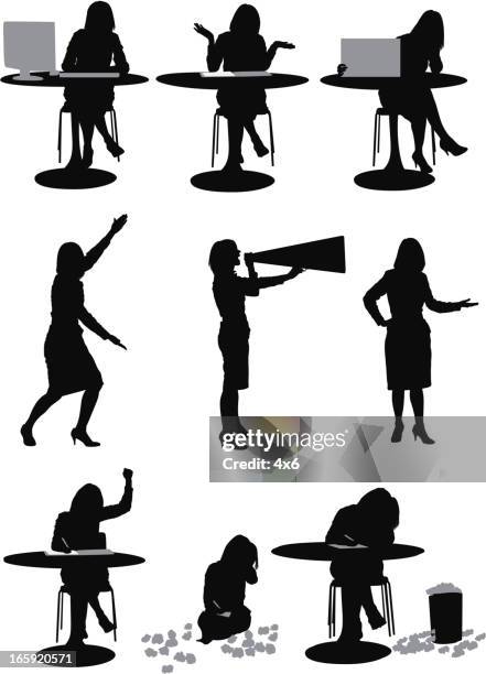 ilustrações de stock, clip art, desenhos animados e ícones de mulher de negócios em poses diferentes - business woman desk stand