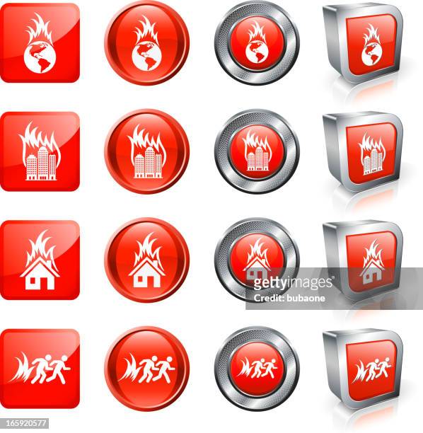 world going up in flames royalty free vector button set - evacuation stock illustrations