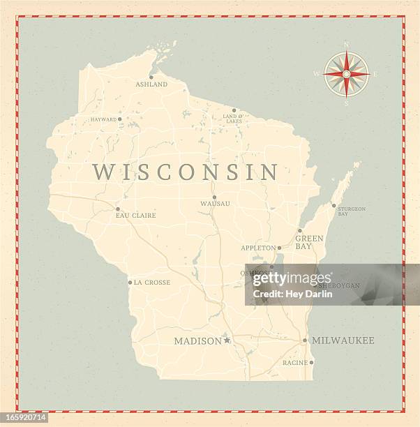 vintage-style wisconsin map - wisconsin stock illustrations