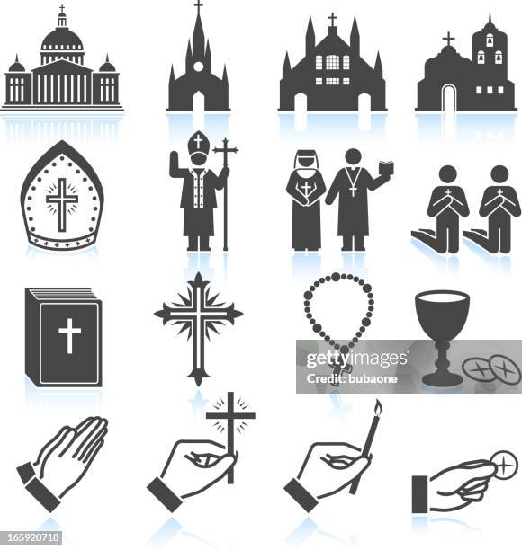 illustrations, cliparts, dessins animés et icônes de église et religieux & noir blanc vecteur ensemble d'icônes - catholique