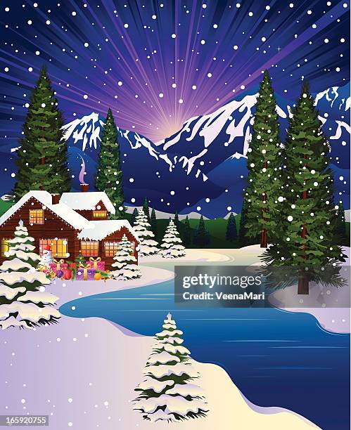 christmas night landscape - mere noel stock illustrations