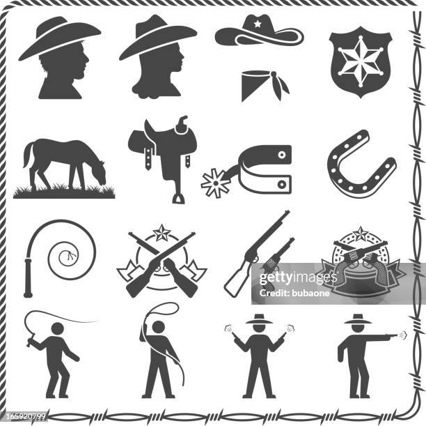 wild west cowboy und sheriff schwarz & weißen icon-set - sattel stock-grafiken, -clipart, -cartoons und -symbole