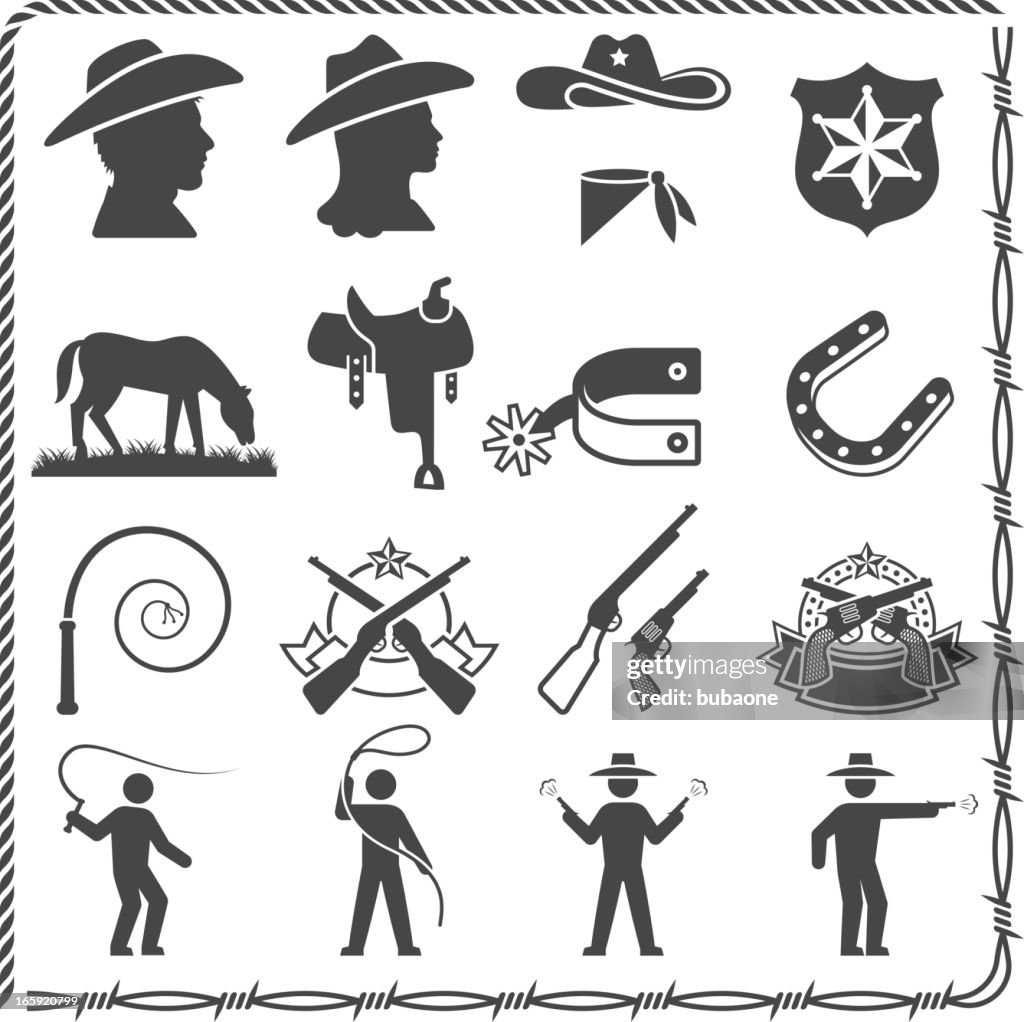 Wild west Cowboy and Sheriff black & white icon set