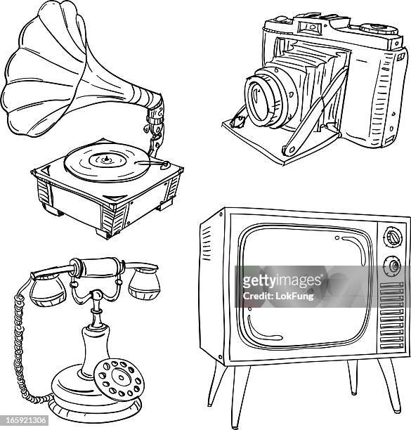 ilustrações, clipart, desenhos animados e ícones de aparelhos elétricos vintage em preto e branco - enfeite de mesa