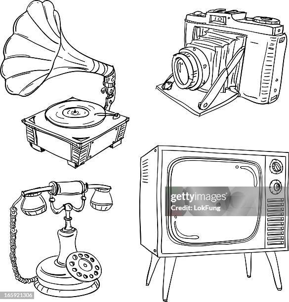 vintage electrical appliances in black and white - old fashioned camera stock illustrations