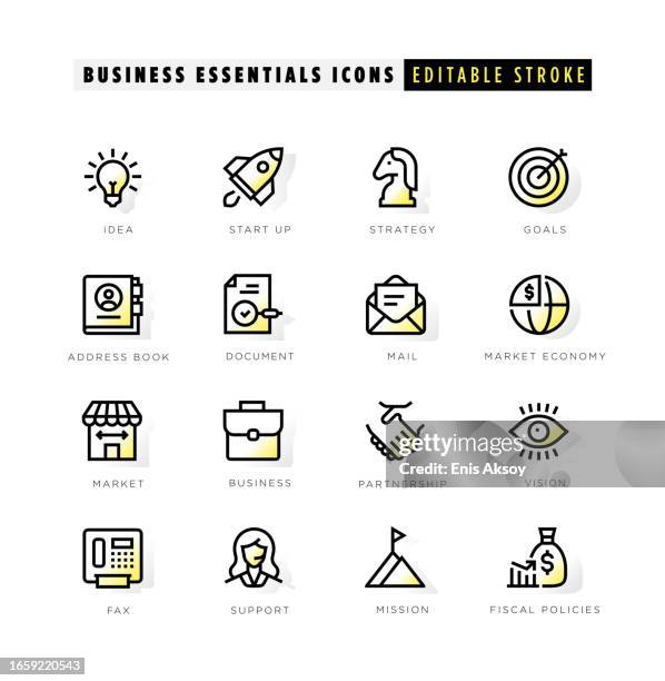 business-essentials-symbole mit gelbem innerem leuchten - geldpolitik stock-grafiken, -clipart, -cartoons und -symbole