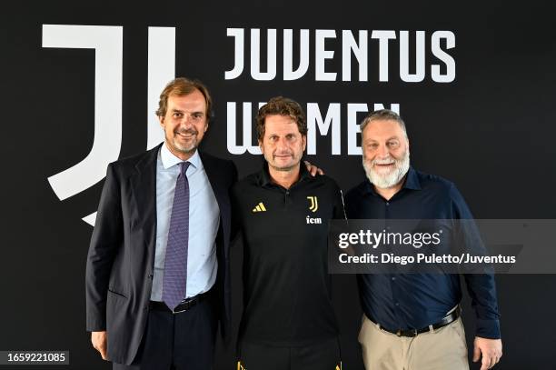 Francesco Calvo, Joe Montemurro the Juventus Women's Coach, Stefano Braghin pose as Montemurro extends his contract at Juventus Center Vinovo on...