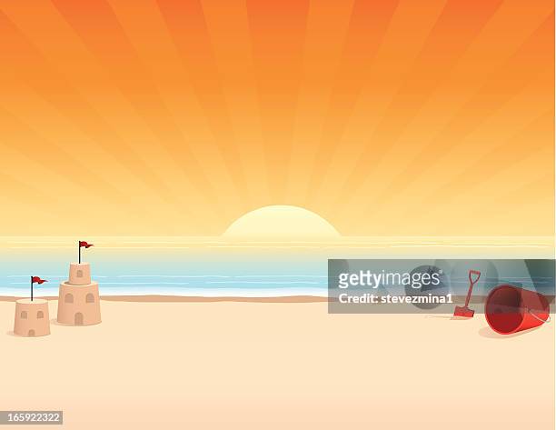 beach at sunrise - sand pail and shovel stock illustrations