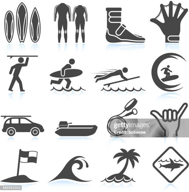 surfurlaub in schwarz & weiß lizenzfreie vektor icon-set - surfbrett stock-grafiken, -clipart, -cartoons und -symbole