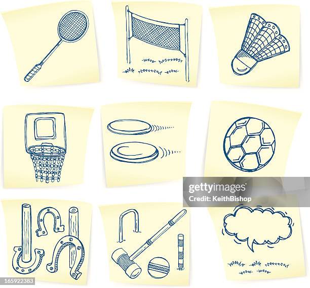 sommer-spiel kritzeleien auf klebezettel - badminton shuttle stock-grafiken, -clipart, -cartoons und -symbole