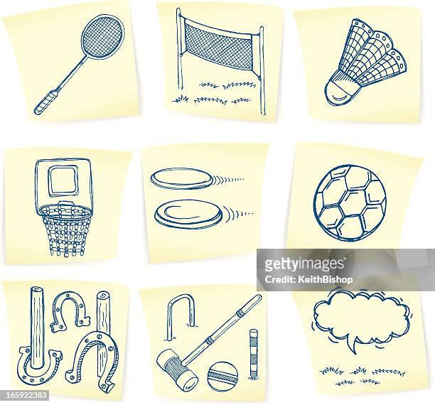 ilustraciones, imágenes clip art, dibujos animados e iconos de stock de verano juegos deportivos y garabatos en notas adhesivas - horseshoe