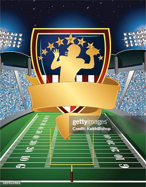 football player with banner shield and stadium field background - american football ball stock illustrations