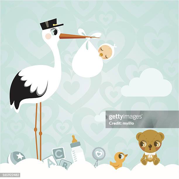 stork and baby. newborn babyshower cloud cute invitation - group of objects baby stock illustrations
