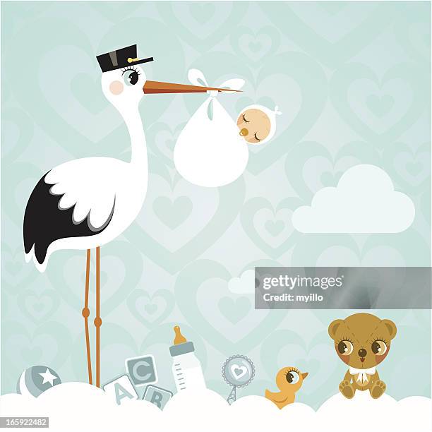 stork and baby. newborn babyshower cloud cute invitation - baby group stock illustrations