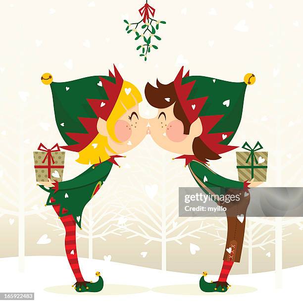 elves kissing - christmas elf stock illustrations