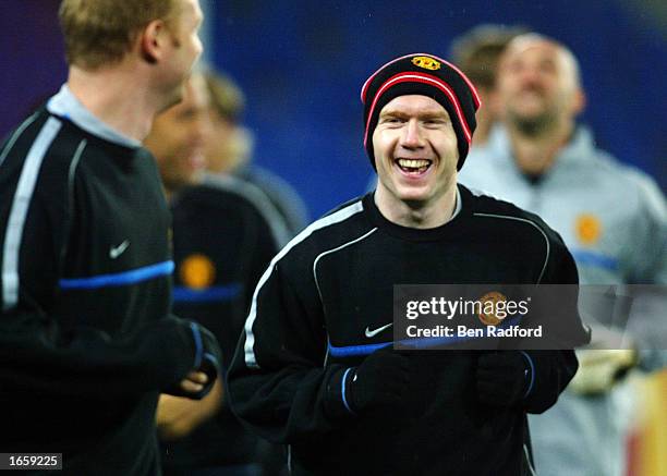 Paul Scholes of Man Utd during the Manchester United training session prior to their UEFA Champions League match against FC Basle at St Jacob Park on...