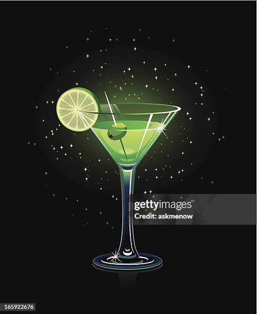 green like cocktail illustration on a black background - green olive fruit stock illustrations