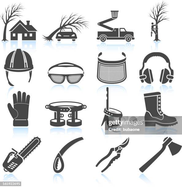 ilustrações, clipart, desenhos animados e ícones de madeireiro aorist equipamentos & preto e branco, vector conjunto de ícones - serra tico tico serra elétrica